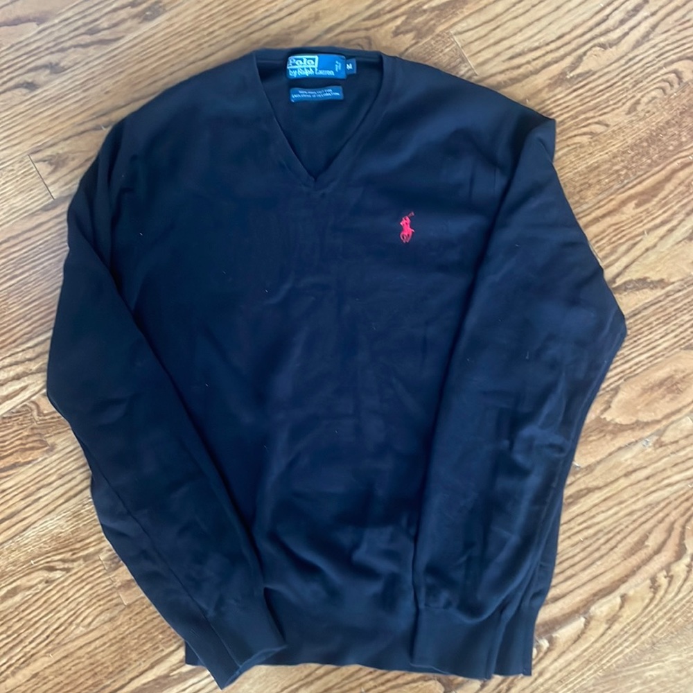 Polo Ralph Lauren pullover cotton v neck black with red logo size M